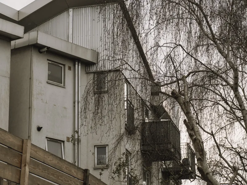 A pebbledash house behind railings, bare branches crossing the frame