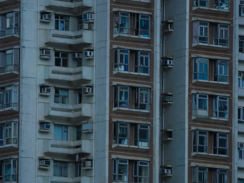 A pale tower block seen from below, windows running to the top of the frame